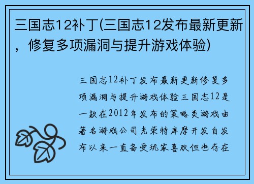 三国志12补丁(三国志12发布最新更新，修复多项漏洞与提升游戏体验)